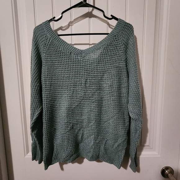 Full Circle Trends Sweater 1 XL Green Cropped Preppy Cinched Waffle Knit Top - Picture 2 of 4